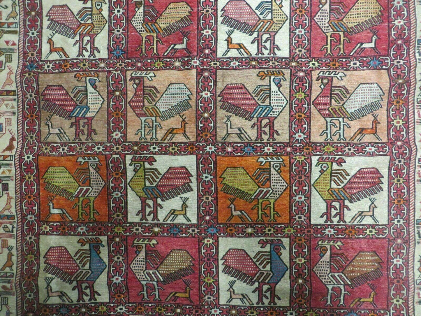Vintage Russian Kilim Rug Handmade Flat Weave Soumak Silk Wool 4x6 Roosters Birds