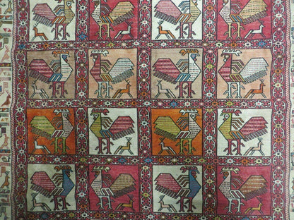 Vintage Russian Kilim Rug Handmade Flat Weave Soumak Silk Wool 4x6 Roosters Birds