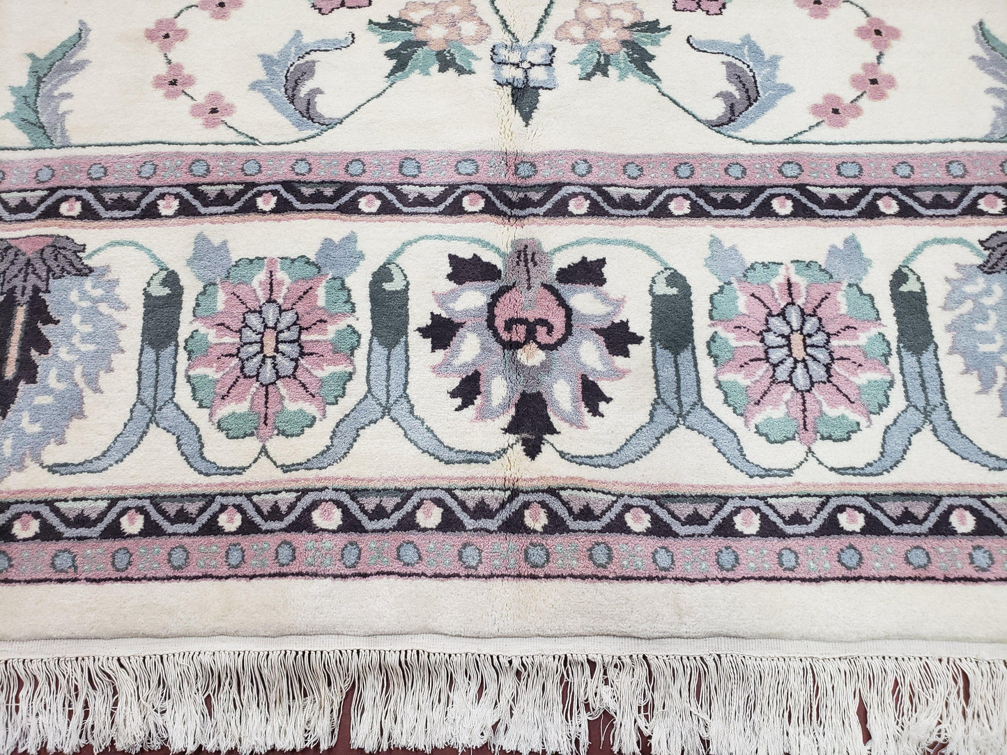 Ivory & Teal Indo Persian Area Rug 9x12, Wool Hand-Knotted Oriental Carpet, 9 x 12 Soft Traditional Living Room Rug, Dining Room Rug