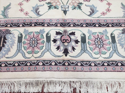 Ivory & Teal Indo Persian Area Rug 9x12, Wool Hand-Knotted Oriental Carpet, 9 x 12 Soft Traditional Living Room Rug, Dining Room Rug