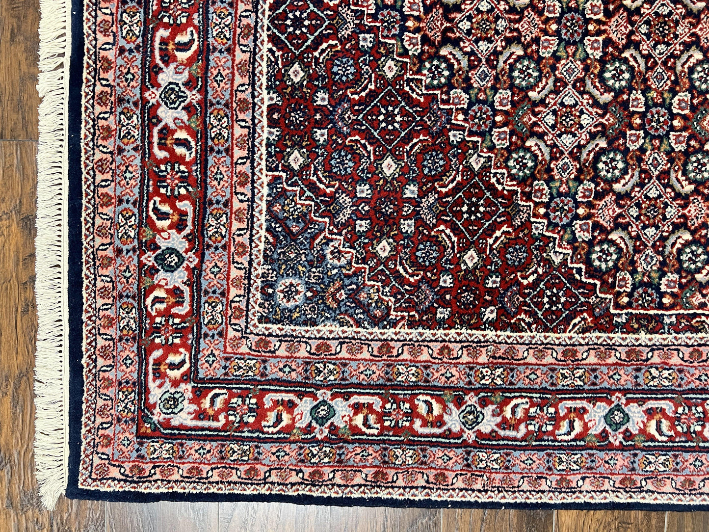 Indo Persian Rug 7x10, Dark Blue and Red Hand Knotted Wool Vintage Oriental Carpet 7 x 10 ft, Handmade Bidjar Rug, Herati Pattern Indian Rug
