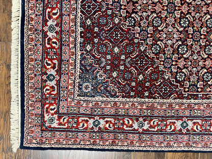 Indo Persian Rug 7x10, Dark Blue and Red Hand Knotted Wool Vintage Oriental Carpet 7 x 10 ft, Handmade Bidjar Rug, Herati Pattern Indian Rug