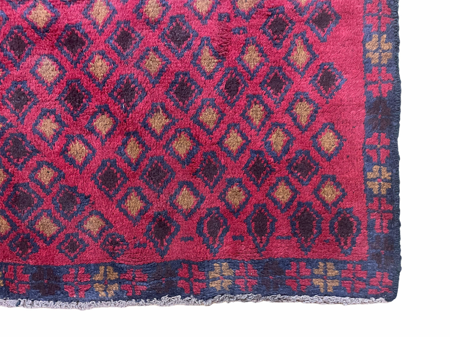 Vintage Handmade Balouch Afghan Wool Rug 3x5 Hand Knotted Red Blue Diamond