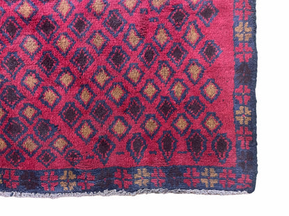 Vintage Handmade Balouch Afghan Wool Rug 3x5 Hand Knotted Red Blue Diamond