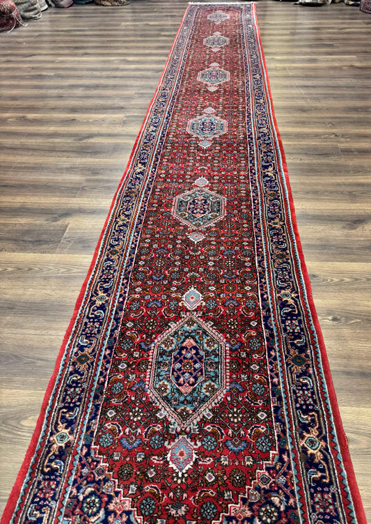 Indo Persian Bidjar Runner Rug 3 x 18.6, Red Navy Blue, Long Runner, Wool Oriental Carpet