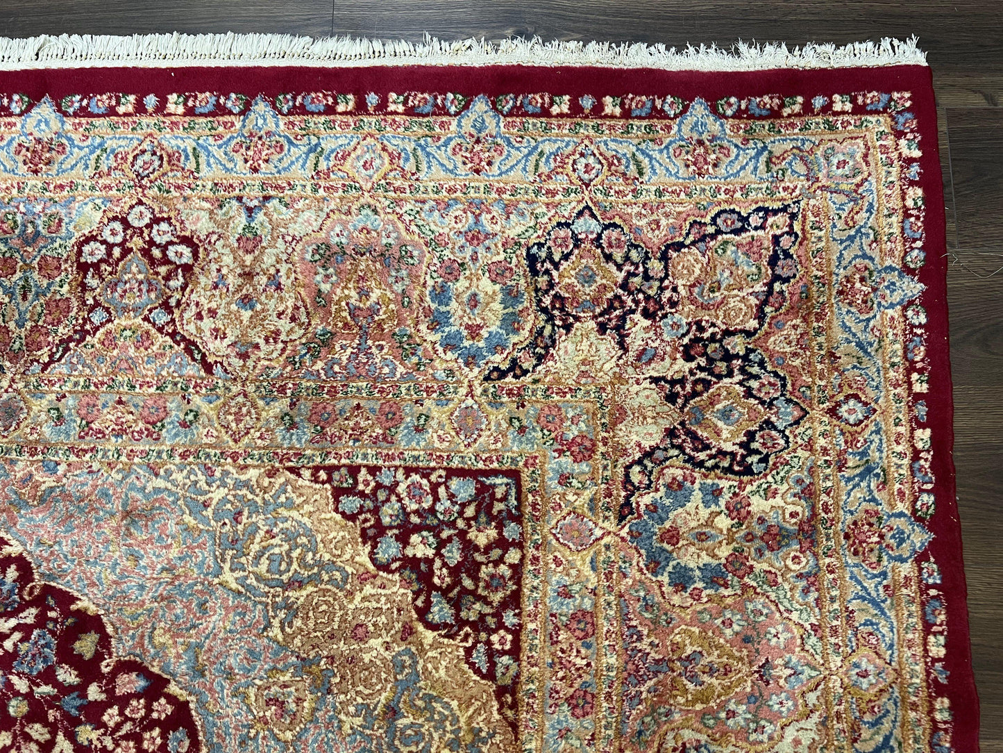 Persian Rug 9x12, Kirman DeLuxe, Millefleur Floral Medallion Carpet, Maroon Light Blue Beige, Semi Antique Authentic Hand Knotted Wool Rug
