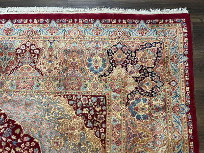Persian Rug 9x12, Kirman DeLuxe, Millefleur Floral Medallion Carpet, Maroon Light Blue Beige, Semi Antique Authentic Hand Knotted Wool Rug