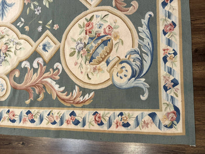 Aubusson Rug 9x12 Muted Sage Green Cream European Design Handwoven Wool