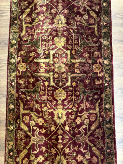 Indo Persian Runner Rug 2.7 x 13.8, Maroon, Wool, Handmade Indian Rug for Hallway