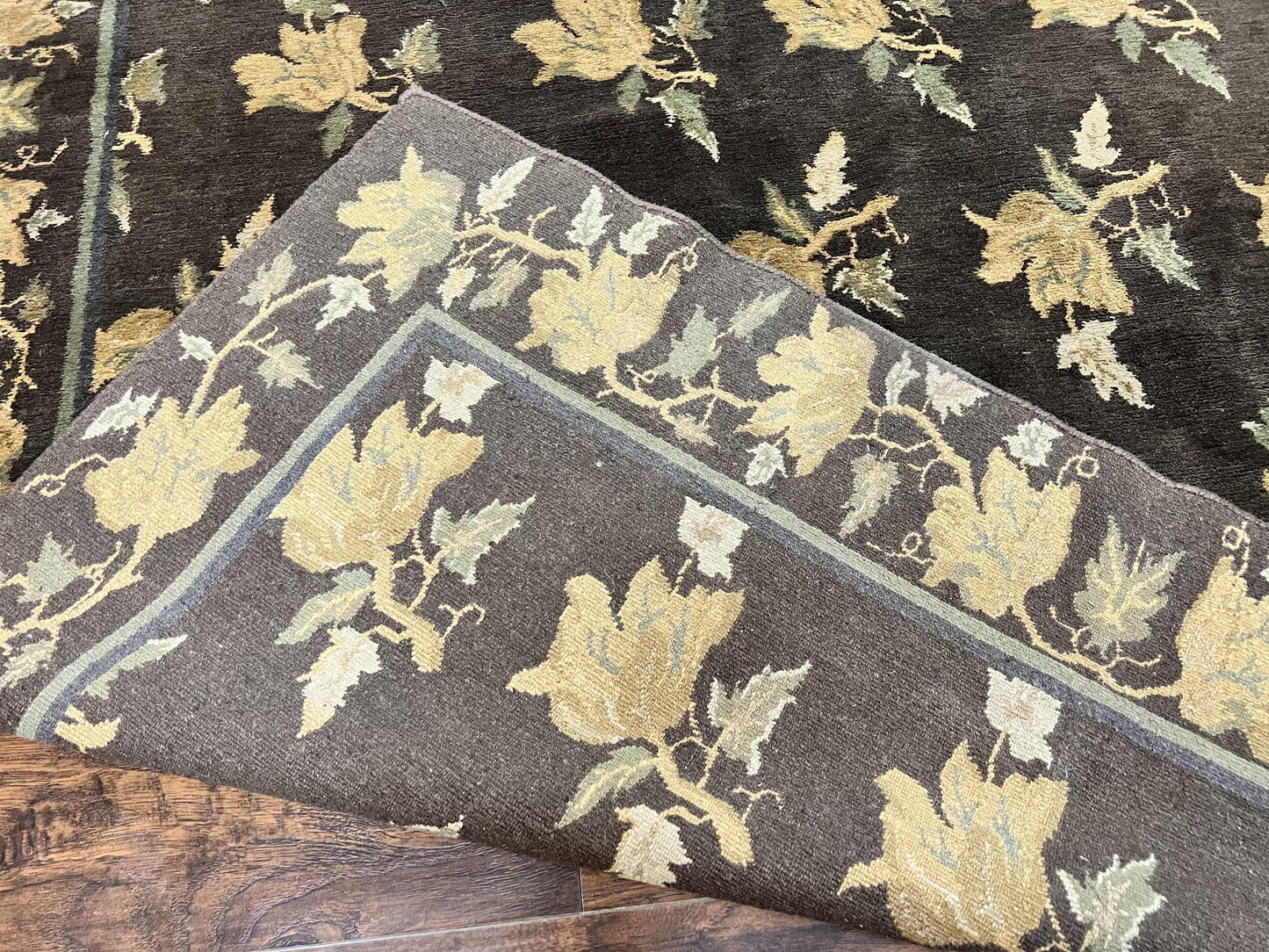 Tibetan Nepal Rug 6x9, Wool Hand Knotted Vintage Carpet 6 x 9, Dark Green & Golden Yellow, Floral Bouquets