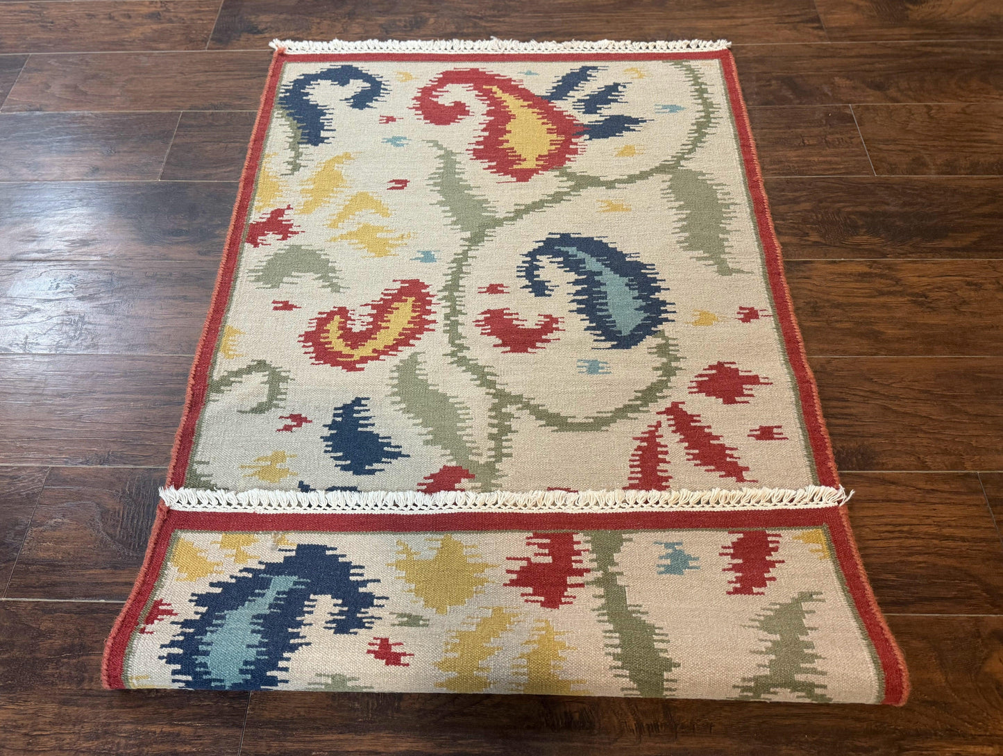Indian Kilim Flatweave Rug 3x5, Abstract, Beige and Multicolor Flowers, Handmade
