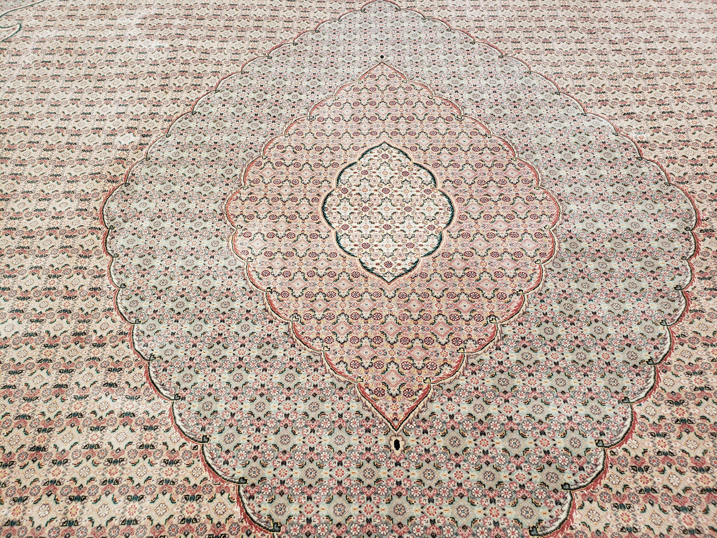 Stunning Oversized Sino Persian Oriental Rug 12x15, Hand Knotted Wool & Silk Palace Sized Carpet, Mahi Pattern, Very Fine, Peach Beige, Wow