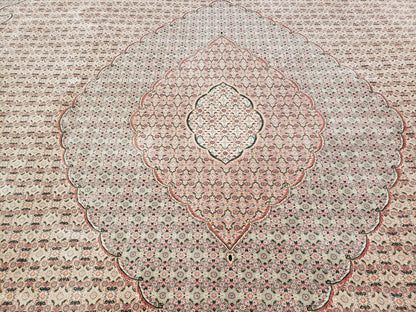 Stunning Oversized Sino Persian Oriental Rug 12x15, Hand Knotted Wool & Silk Palace Sized Carpet, Mahi Pattern, Very Fine, Peach Beige, Wow