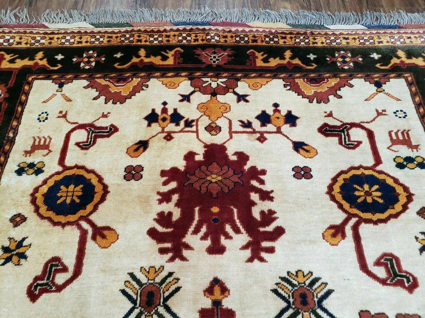 Vintage 1970s Turkish Kazak Wool Rug Hand Knotted Boho Bohemian Floor Decor