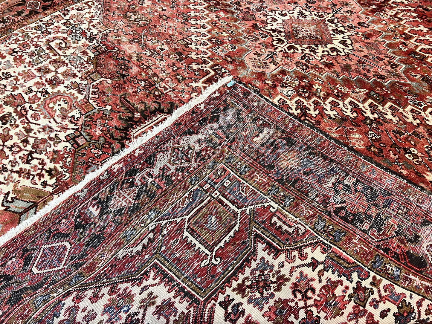 Large Persian Heriz Rug 10x13, Red and Cream Geometric Tribal Room Sized Handmade Wool Hand Knotted Semi Antique Decorative Oriental Carpet