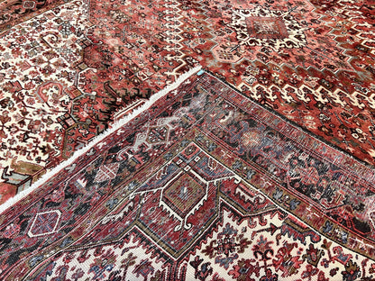 Large Persian Heriz Rug 10x13, Red and Cream Geometric Tribal Room Sized Handmade Wool Hand Knotted Semi Antique Decorative Oriental Carpet