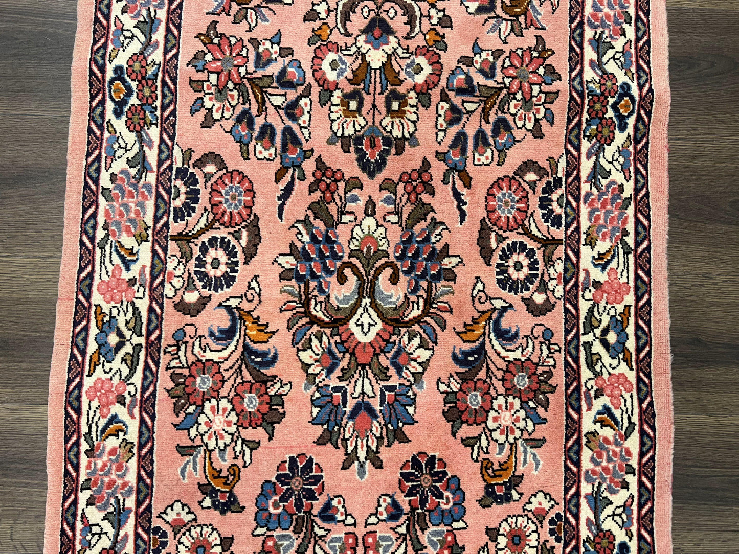 Persian Runner Rug 2.9 x 13.6, Semi Antique Vintage Persian Sarouk Hallway Rug, Wool Oriental Runner, Salmon and Cream, Floral Allover Hand Knotted