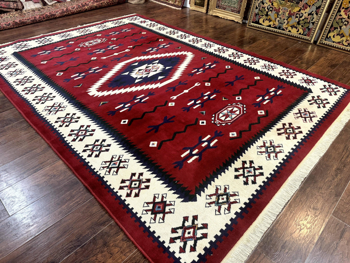 Power Loomed Navajo Area Rug 8x11 Dark Red Ivory Bohemian Tribal Design