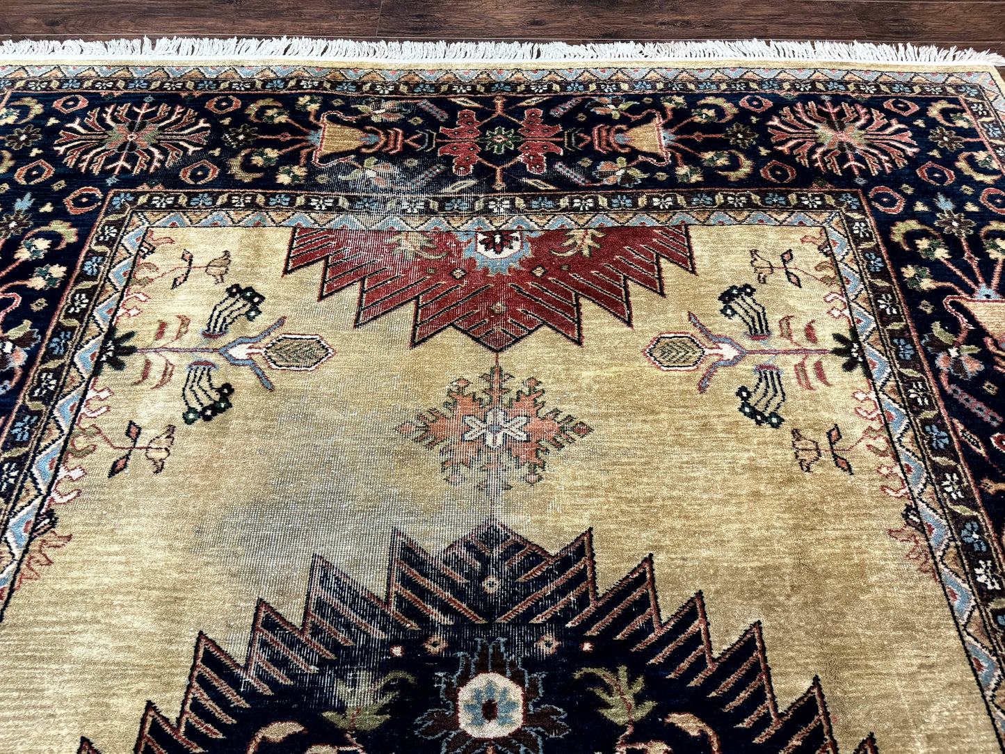 Indo Persian Heriz Rug 8x12 Hand Knotted Wool Decorative Vintage Area Rug Camel Hair Tan And Navy Blue