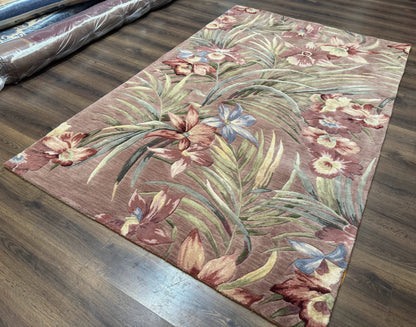 Hand Tufted Floral Rug 5x8, Light Rose Wool Carpet