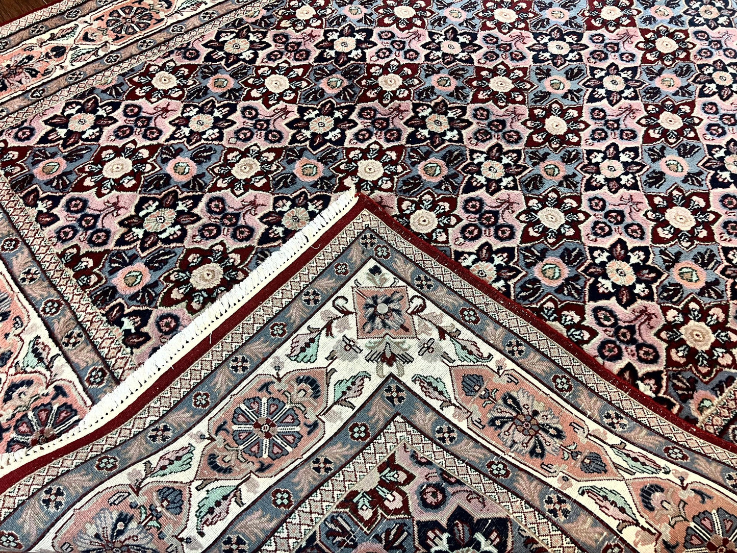 Indo Persian Rug 8x10, Repeated Allover Pattern, Navy Blue Ivory, Handmade Vintage Wool Carpet