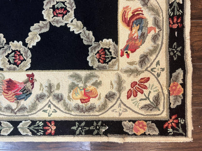 Hooked Rug 5x8 Vintage Wool Aubusson Pattern With Roses And Roosters