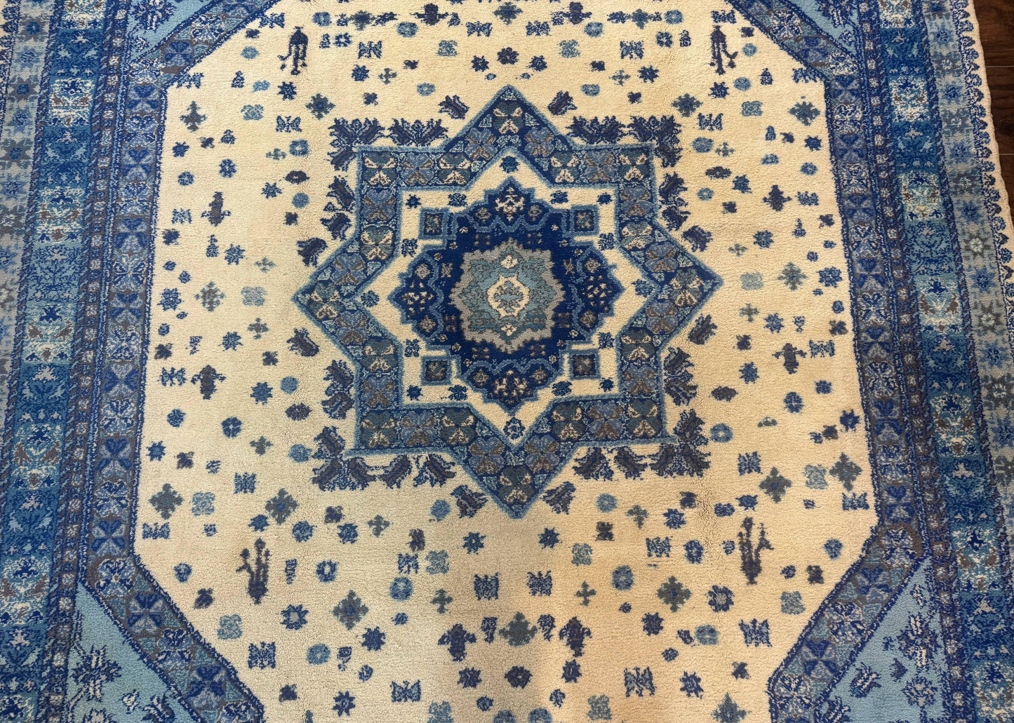 Moroccan Rug 7x10 Geometric Medallion Blue Ivory Hand Knotted Wool Area Rug
