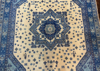 Moroccan Rug 7x10 Geometric Medallion Blue Ivory Hand Knotted Wool Area Rug