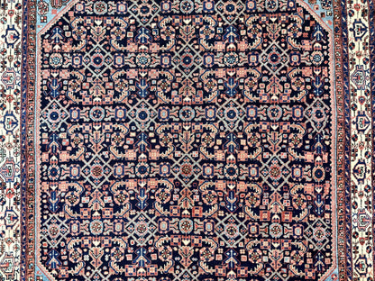 Antique Persian Rug Handmade Wool 5 by 6.7 Feet Navy Blue and Ivory Hamadan Angelas