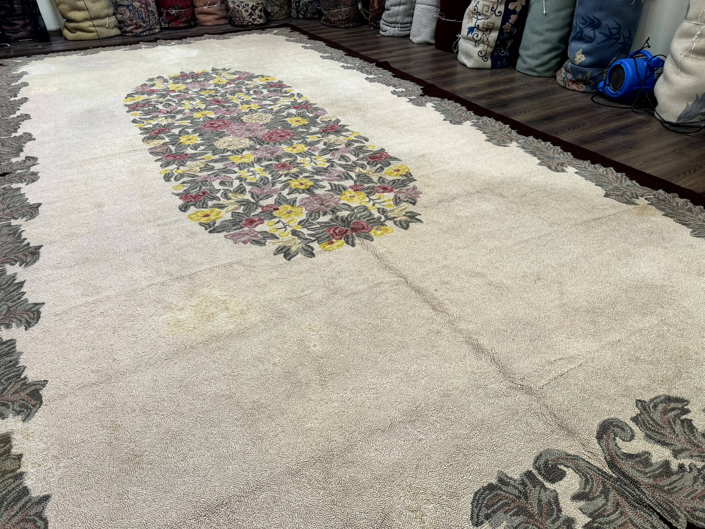 Palace Size American Hooked Rug 11x20 Aubusson Style Ivory