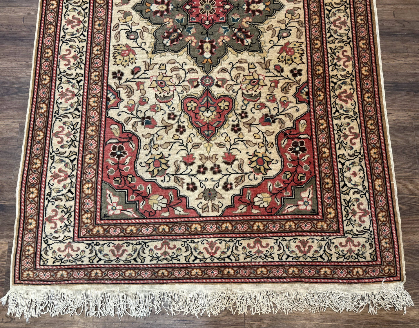 Turkish Sivas Rug 4x6, Floral Medallion, Beige Pink-Red Green, Handmade