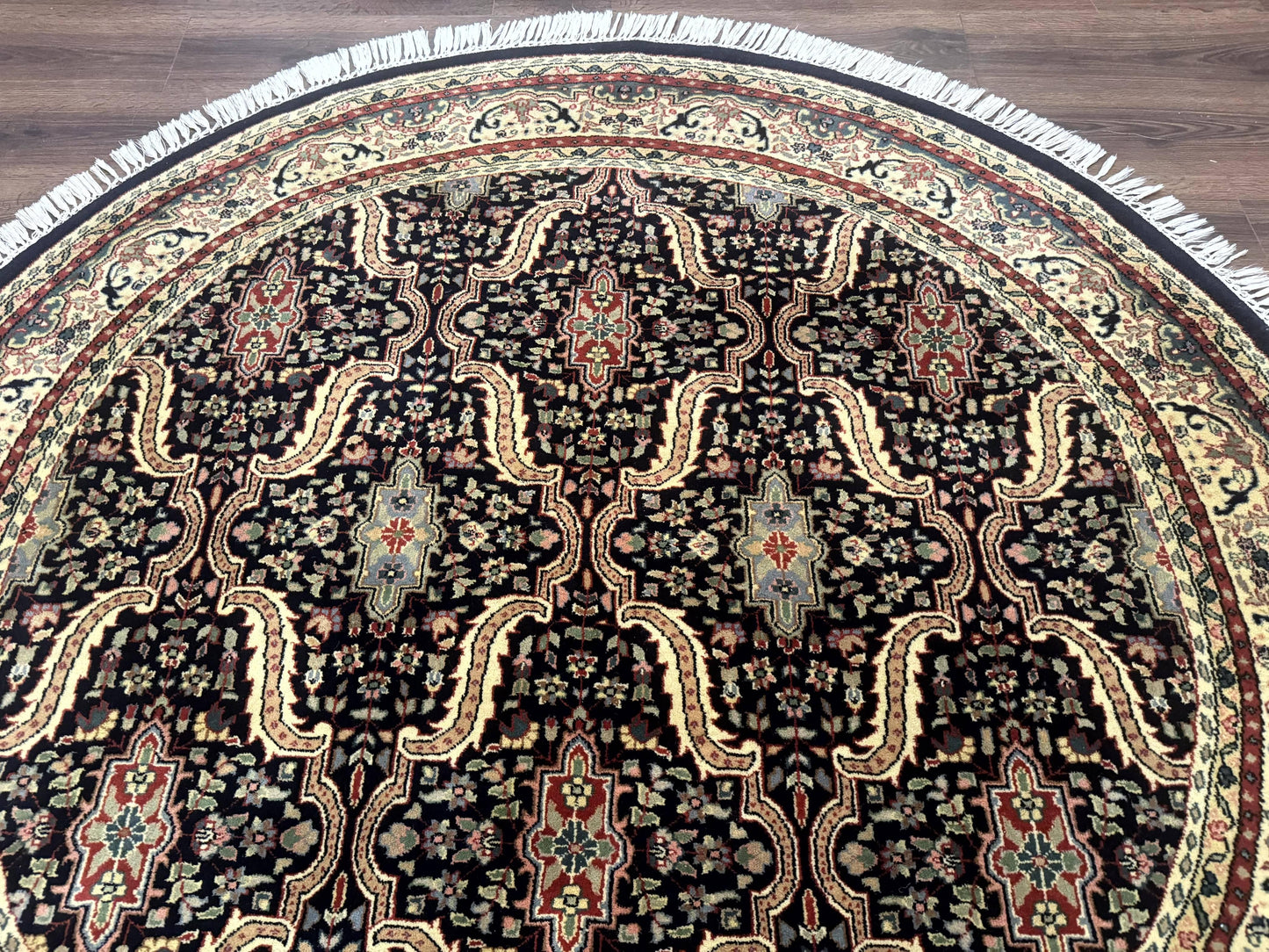 Indo Persian Bidjar Rug Round 6x6 Wool Hand Knotted Navy Blue Beige