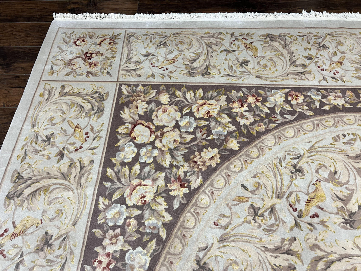 Aubusson Rug Hand Knotted Wool Silk Vintage Carpet Birds And Flowers Design