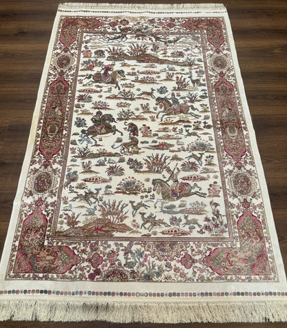Turkish Silk Hunting Scene Rug 4x6 Ivory Bamboo Silk Contemporary Area Rug