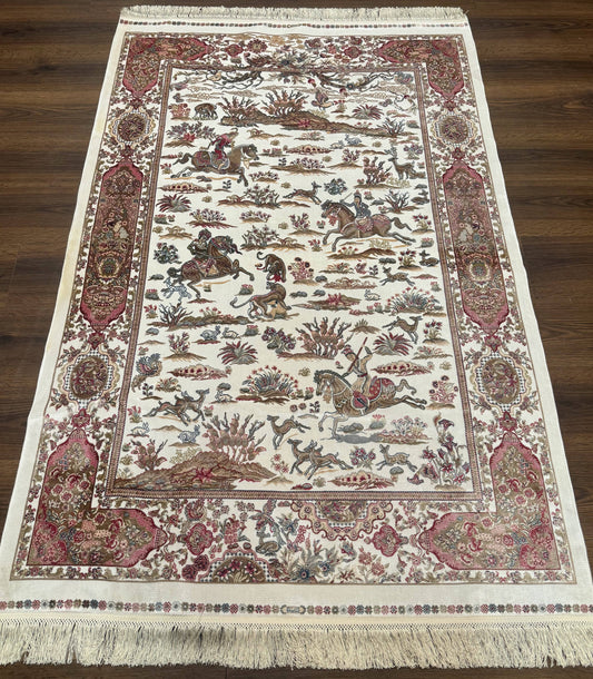 Turkish Silk Hunting Scene Rug 4x6 Ivory Bamboo Silk Contemporary Area Rug