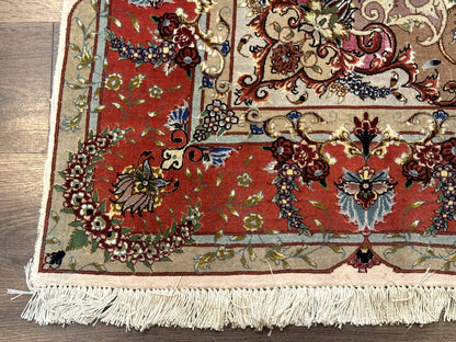 Wonderful Persian Tabriz Rug 5x7, Very Fine 440 KPSI, Ivory and Coral, Rare