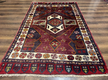 Turkish Kazak Rug 5x7 Geometric Hand Knotted Wool Semi Antique