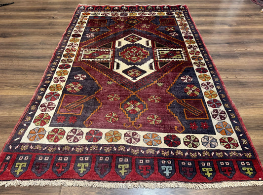 Turkish Kazak Rug 5x7 Geometric Hand Knotted Wool Semi Antique