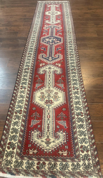 Indo Persian Runner Rug 2.6 x 12, Heriz Geometric Caucasian Design, Animal Pictorials, Tribal Runner Rug, Vintage Handmade Wool Red