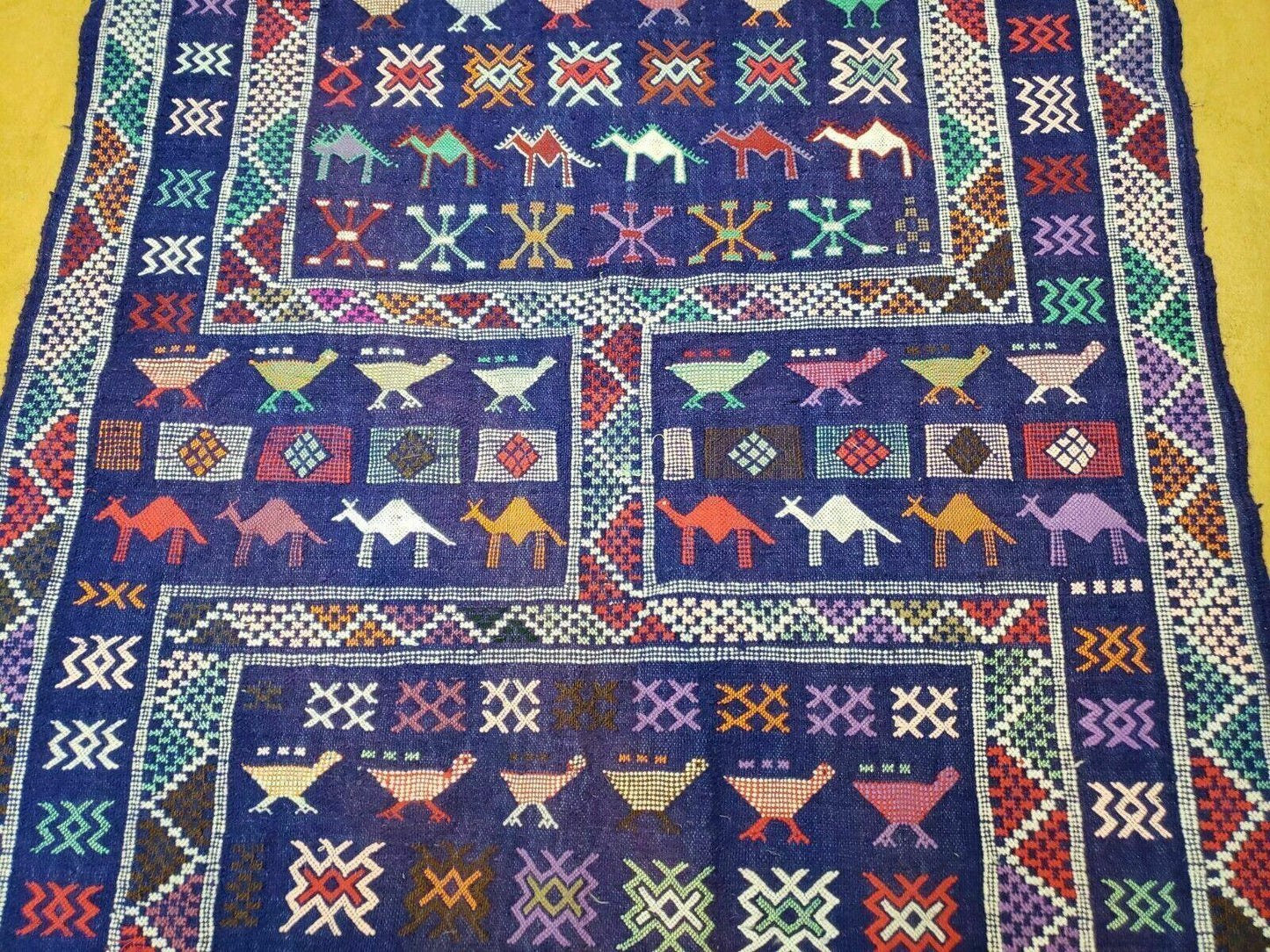 3' X 7' Vintage Handmade Indian Wool Kilim Flat weave Rug Camel Birds Blue Geometric Short Runner