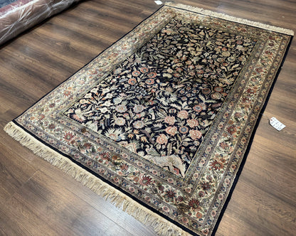 Silk Rug 4x6 Vintage Hand Knotted Tree of Life Black Cream Floral Bird Pictorial Sino Persian