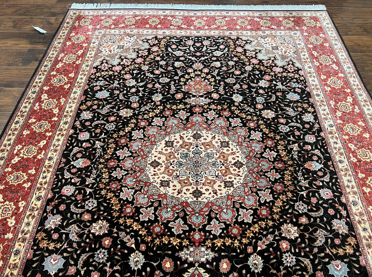 Marvelous Persian Tabriz Rug 7x10 ft, Super Fine 50 Raj, 300+ KPSI, Black and Rust Red, Floral Medallion Handmade Wool Oriental Carpet, Top Quality