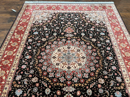 Marvelous Persian Tabriz Rug 7x10 ft, Super Fine 50 Raj, 300+ KPSI, Black and Rust Red, Floral Medallion Handmade Wool Oriental Carpet, Top Quality