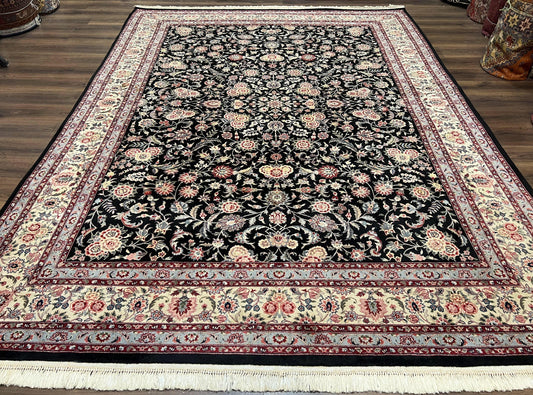 Hand Knotted Persian Rug 9x12 Wool Silk Highlights Vintage Black Cream
