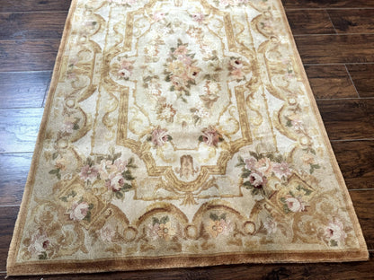 Handmade Chinese Aubusson Rug 3.6 x 5 Beige and Gold Vintage European Design
