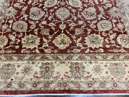 Pak Persian Rug 10x14, Sultanabad Mahal Peshawar Chobi Carpet, Large Vintage Wool Oriental Rug, Maroon & Beige, Floral Allover, Handmade