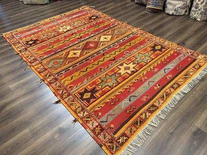 Unique Moroccan Rug 7x10, Room Sized Carpet, Red Orange Gray, Wool Oriental Striped Geometric Tribal Boho Rug, Flatweave with Raised Pile
