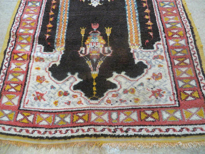 Antique Moroccan Runner Rug 3x7, Moroccan Prayer Rug, Double Mehrab Prayer Arches, Black and Red, Hand-Knotted Wool Carpet, Hallway Rug Nice