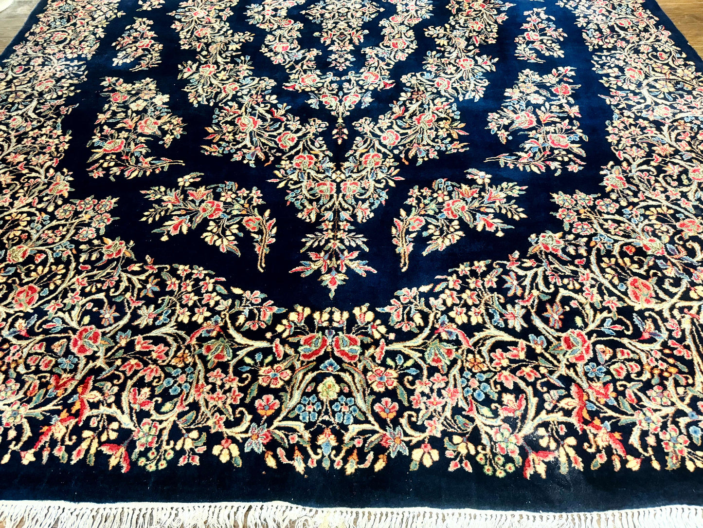 Antique Persian Kerman Rug 10x13 Navy Blue Floral Carpet Fine 270 KPSI