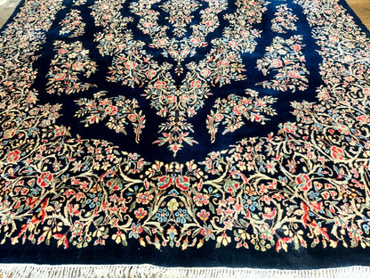 Antique Persian Kerman Rug 10x13 Navy Blue Floral Carpet Fine 270 KPSI